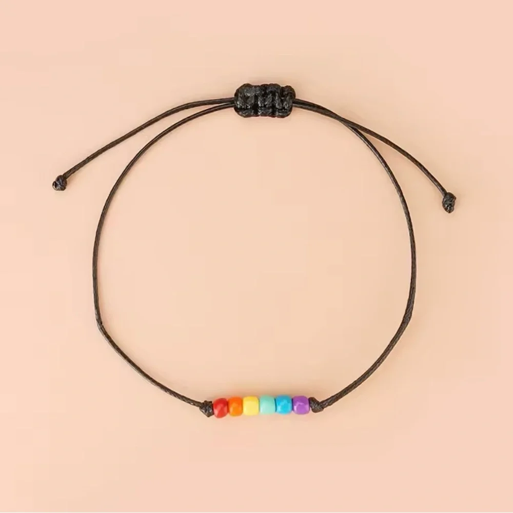 Unisex Rainbow Bead Adjustable Bracelet on Black Cord